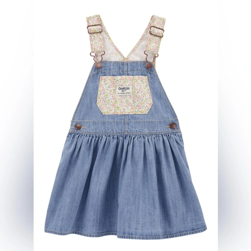 OshKosh B'gosh Baby Blue Floral & Denim Jumper Dress- Size 5T